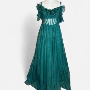 Say Yes To The Prom Emerald Green Sparkle Maxi Dress Corset Ruffle Mesh Size 11/